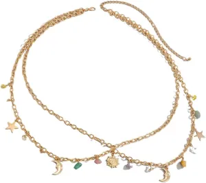 Vintage Waist Belt Chains With Crescent Star Dangle Charm Tassel Body Chains Minimalist Moon Star Sun Beach Dress Layered Belly Chains Jewelry Accessory for Women