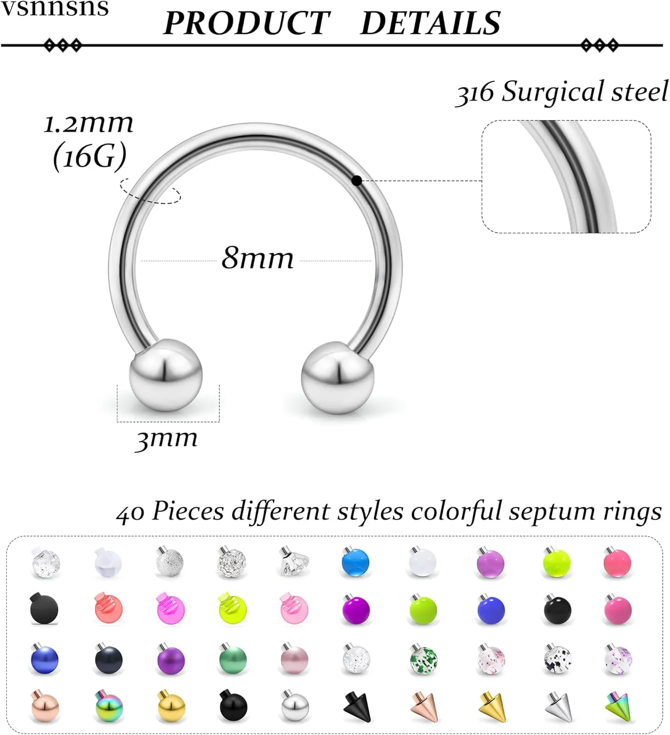 Vsnnsns 14G 16G 18G Septum Rings Piercing Jewelry 316L Stainless Surgical Steel Horseshoe Septum Nose Rings Snake Bite Lip Ring Daith Rook Earrings Smiley Piercing Jewelry for Women Men 8MM 10MM 12MM