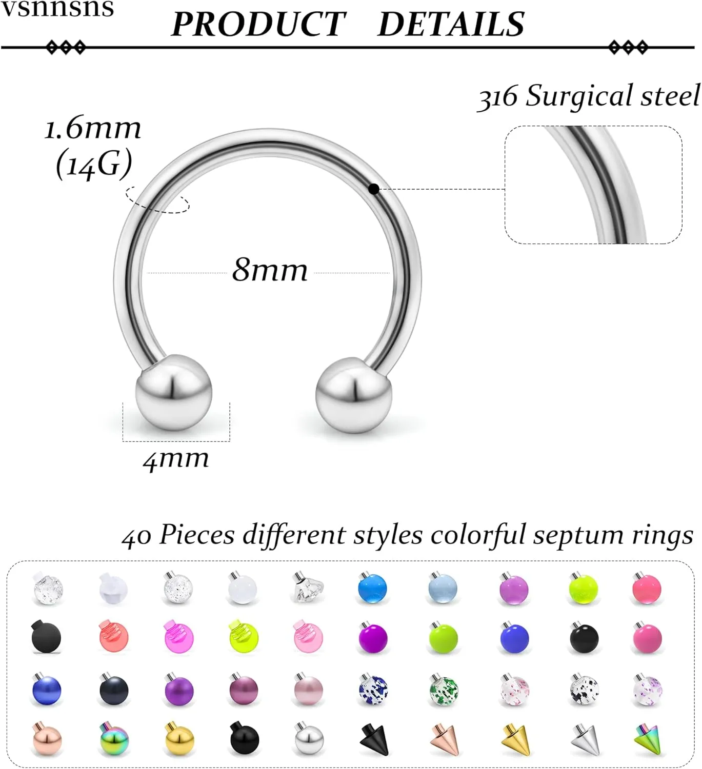 Vsnnsns 14G 16G 18G Septum Rings Piercing Jewelry 316L Stainless Surgical Steel Horseshoe Septum Nose Rings Snake Bite Lip Ring Daith Rook Earrings Smiley Piercing Jewelry for Women Men 8MM 10MM 12MM