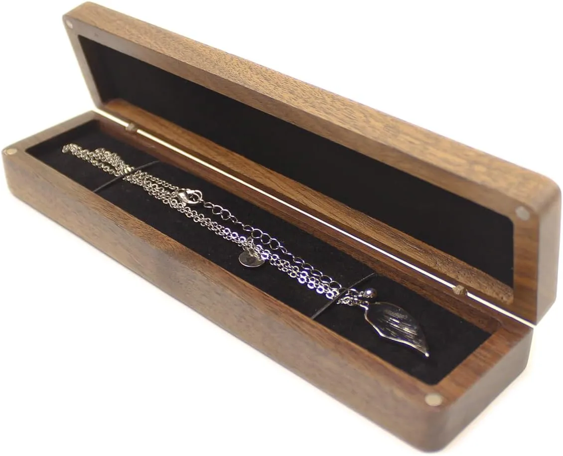 Walnut Wooden Long Rectangular Necklace Gift Box Storage Case Jewelry Display Box for Anniversary Propose Christmas
