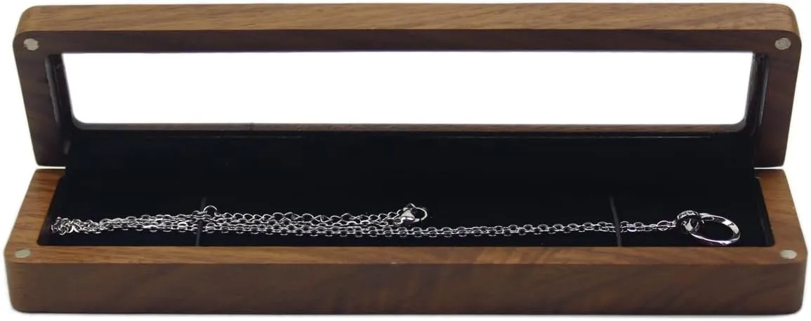 Walnut Wooden Transparent Lid Long Rectangular Necklace Gift Box Storage Case Jewelry Display Box for Anniversary Propose Christmas