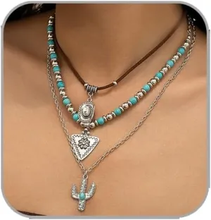 Western Necklaces for Women Turquoise Beaded Layered Chain Necklaces Boho Cowgirl Hat Boots Pendant Western Necklace Country Concert Cowgirl Dresses Accessories