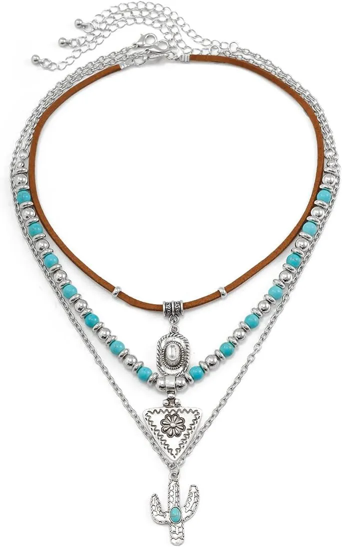 Western Necklaces for Women Turquoise Beaded Layered Chain Necklaces Boho Cowgirl Hat Boots Pendant Western Necklace Country Concert Cowgirl Dresses Accessories