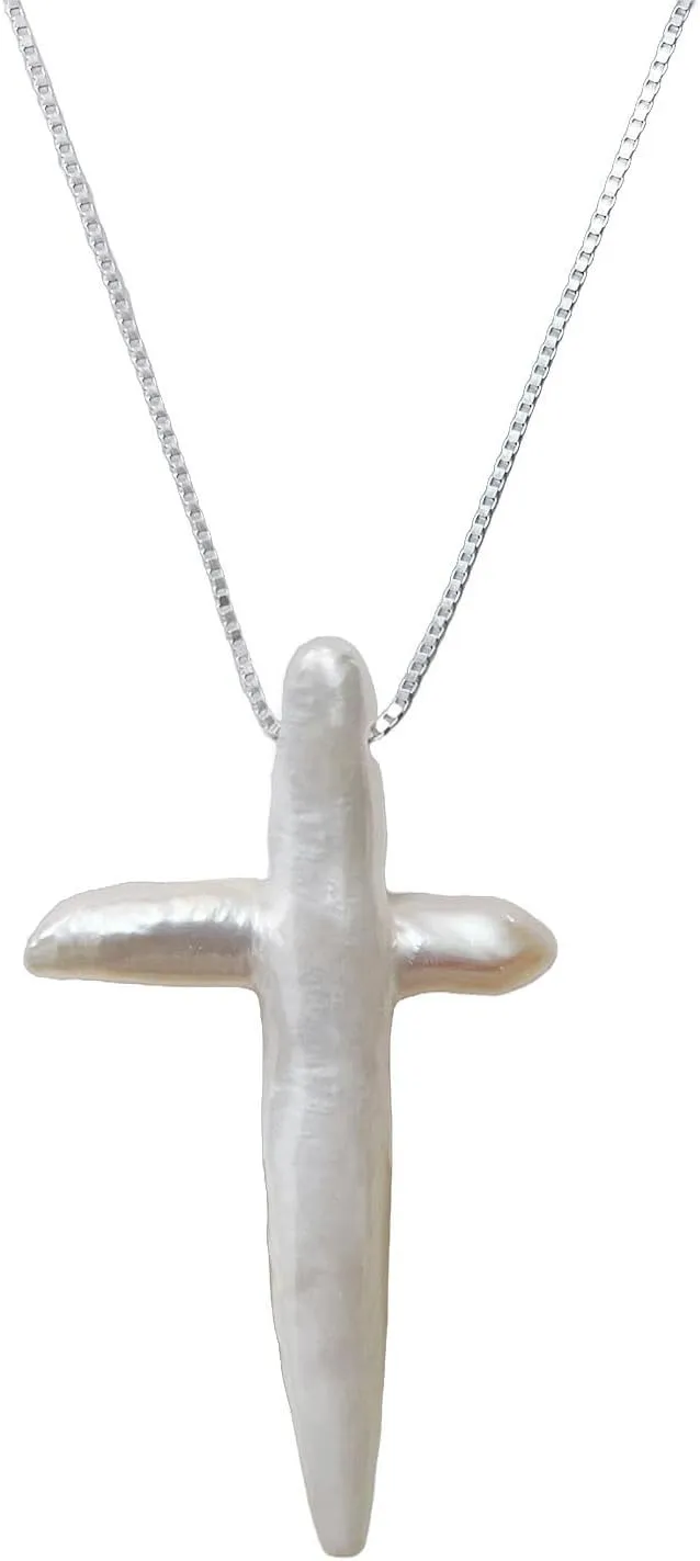 White Pearl Cross Necklace Gold Filled Sterling Silver Box Chain Necklace Freshwater Pearl Cross Pendant Necklace Minimalist Necklace Cross Jewelry
