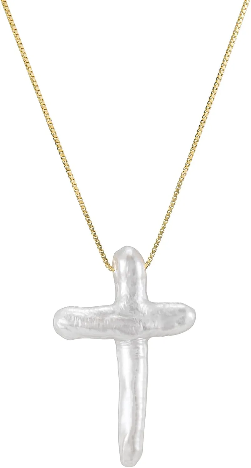 White Pearl Cross Necklace Gold Filled Sterling Silver Box Chain Necklace Freshwater Pearl Cross Pendant Necklace Minimalist Necklace Cross Jewelry