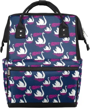 White Swan Pink Ripple Dark Blue Diaper Bag Tote Large Capacity Waterproof with Adjustable Shoulder Strap and Pram Straps Mommy Bag for Hospital Beach Weekender Travel
