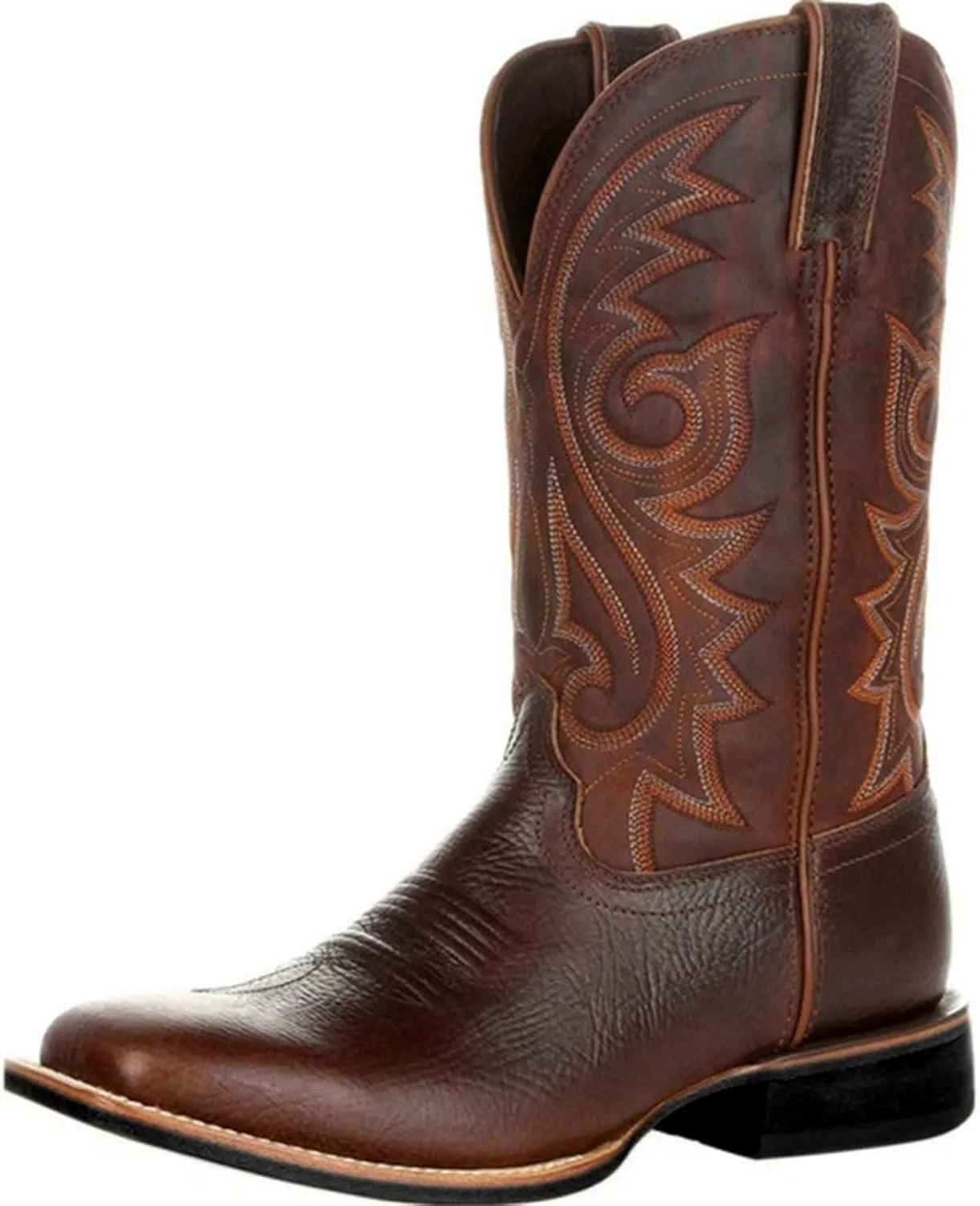 Wide Calf Cowboy Boots Square Toe Embroidered Western Boots For Men Slip On Leather Light Weight Work Boots