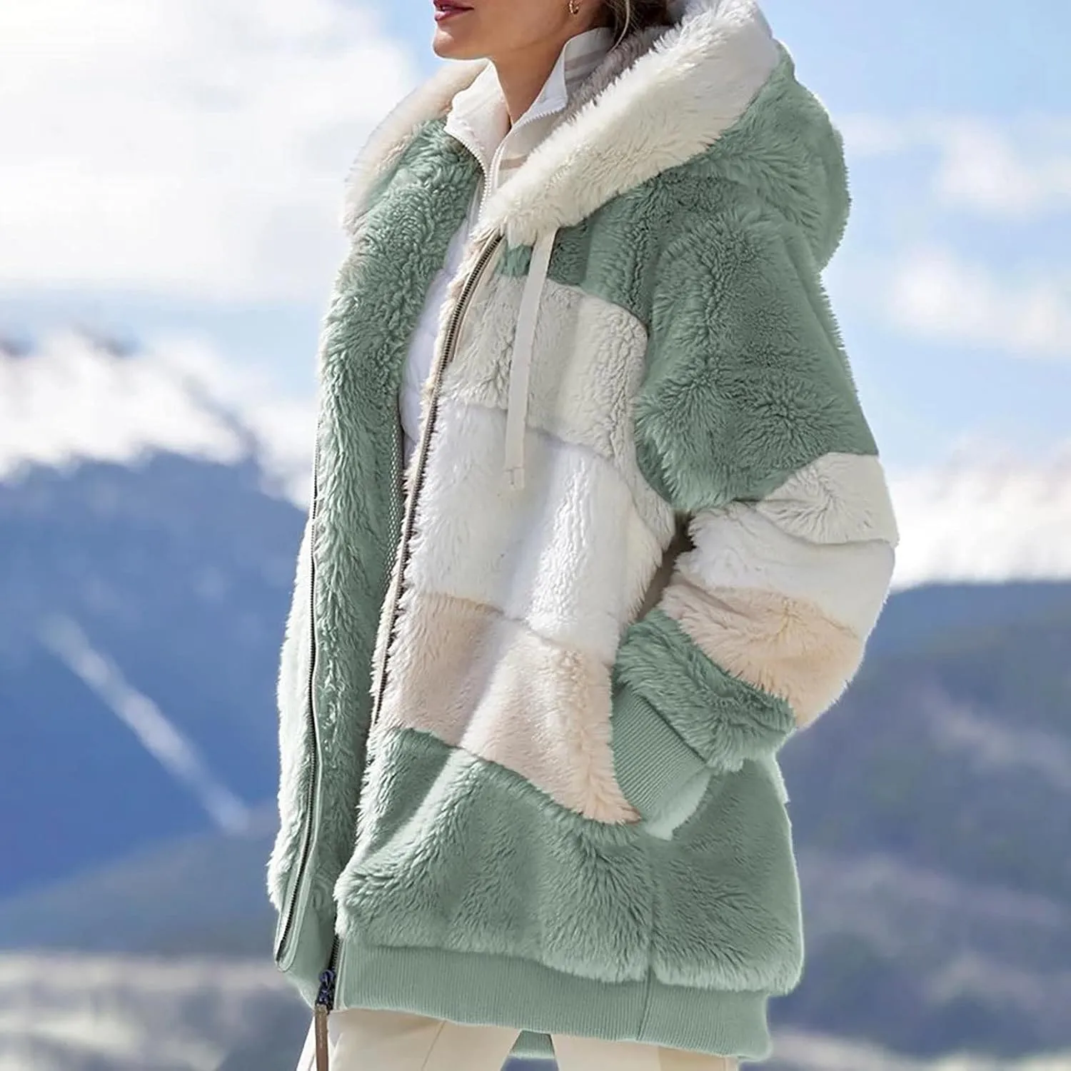 Winter Coat For Women Fuzzy Fleece Jacket Hooded Color Block Thermal Coat Oversized Fluffy Sherpa Outerwear Sweater
