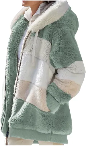 Winter Coat For Women Fuzzy Fleece Jacket Hooded Color Block Thermal Coat Oversized Fluffy Sherpa Outerwear Sweater