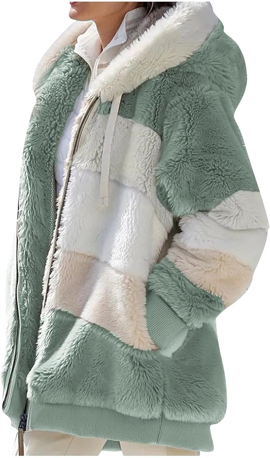 Winter Coat For Women Fuzzy Fleece Jacket Hooded Color Block Thermal Coat Oversized Fluffy Sherpa Outerwear Sweater
