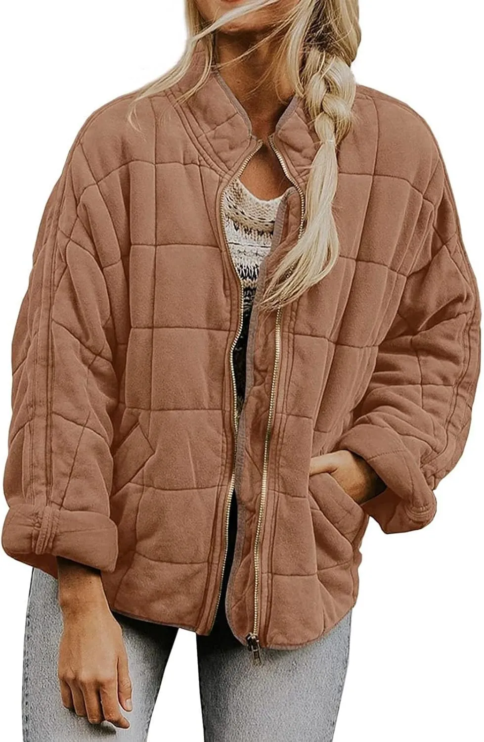 Winter Coats for Women Warm Coat Loose Plain Quilted Coat Stand Collar Zip Up Jacket Women Casual Jacket