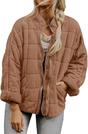 Winter Coats for Women Warm Coat Loose Plain Quilted Coat Stand Collar Zip Up Jacket Women Casual Jacket
