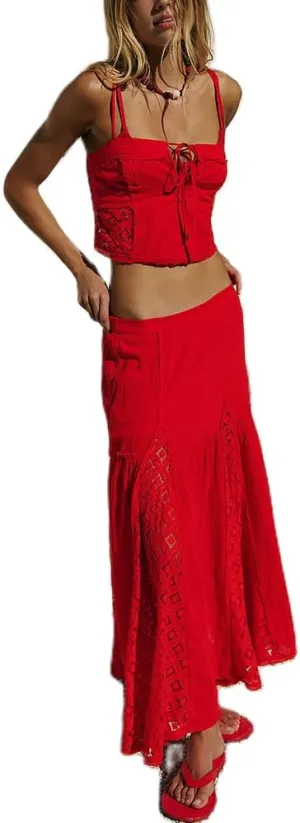 Women 2 Piece Maxi Skirt Set Cute Ruffle Sleeveless Backless Halter Top   Flowy Maxi Skirt Summer Sexy Beach Outfits