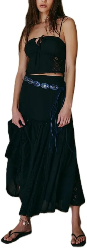 Women 2 Piece Maxi Skirt Set Cute Ruffle Sleeveless Backless Halter Top   Flowy Maxi Skirt Summer Sexy Beach Outfits