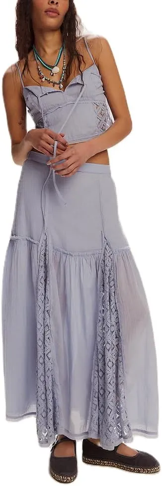 Women 2 Piece Maxi Skirt Set Cute Ruffle Sleeveless Backless Halter Top   Flowy Maxi Skirt Summer Sexy Beach Outfits