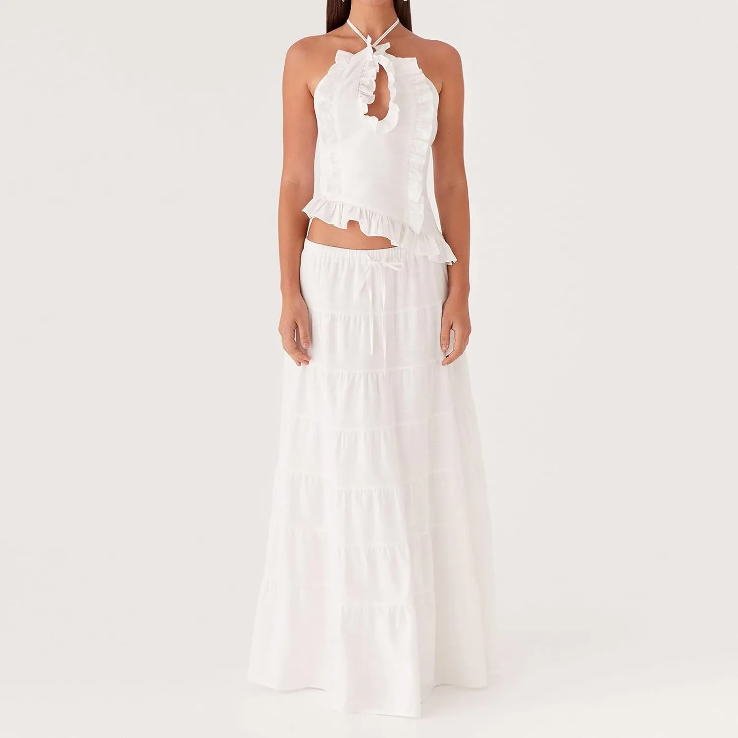 Women 2 Piece Maxi Skirt Set Cute Ruffle Sleeveless Backless Halter Top   Flowy Maxi Skirt Summer Sexy Beach Outfits