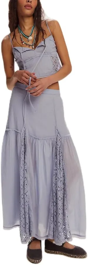 Women 2 Piece Maxi Skirt Set Cute Ruffle Sleeveless Backless Halter Top   Flowy Maxi Skirt Summer Sexy Beach Outfits