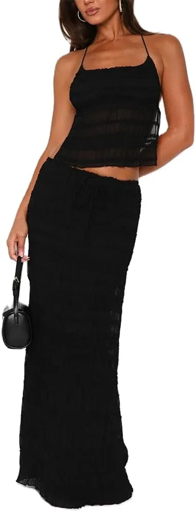 Women 2 Piece Maxi Skirt Set Cute Ruffle Sleeveless Backless Halter Top   Flowy Maxi Skirt Summer Sexy Beach Outfits