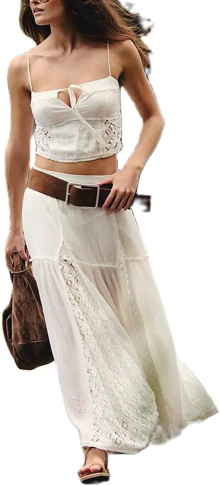 Women 2 Piece Maxi Skirt Set Cute Ruffle Sleeveless Backless Halter Top   Flowy Maxi Skirt Summer Sexy Beach Outfits