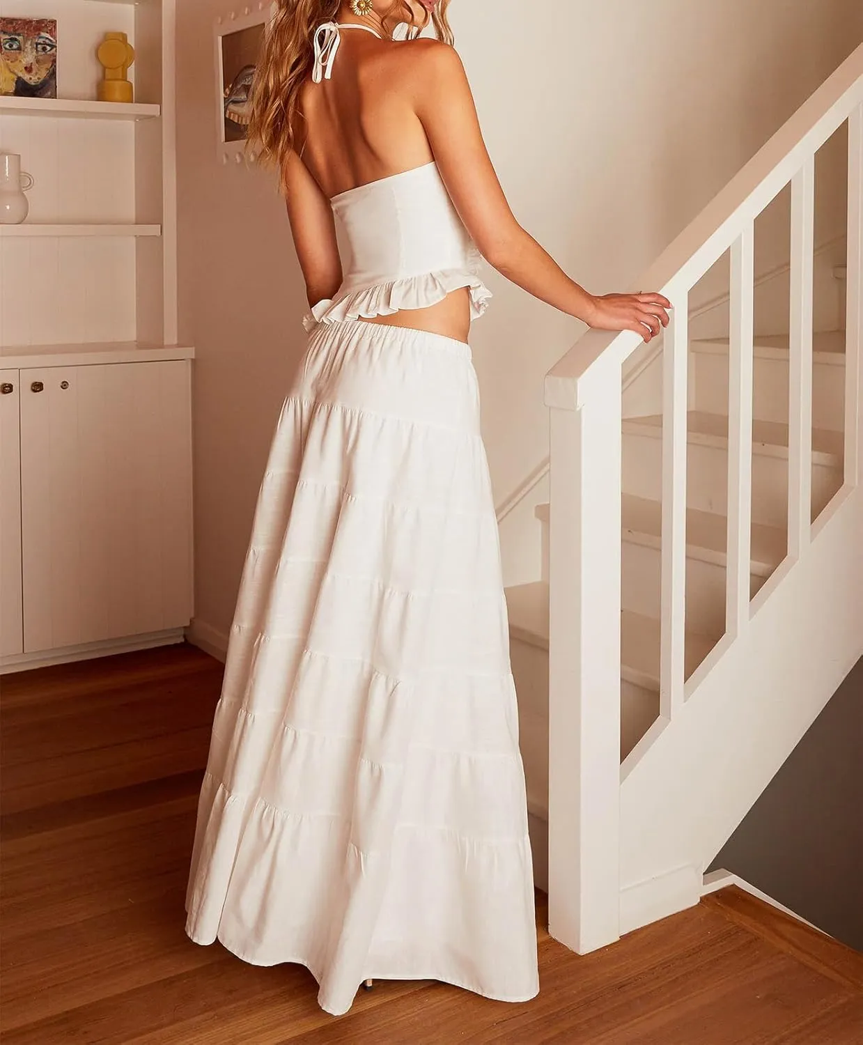Women 2 Piece Maxi Skirt Set Cute Ruffle Sleeveless Backless Halter Top   Flowy Maxi Skirt Summer Sexy Beach Outfits