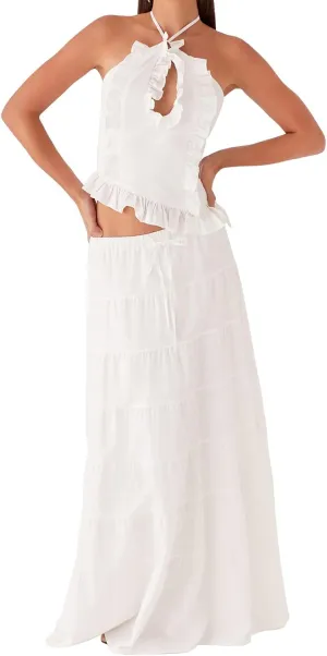 Women 2 Piece Maxi Skirt Set Cute Ruffle Sleeveless Backless Halter Top   Flowy Maxi Skirt Summer Sexy Beach Outfits