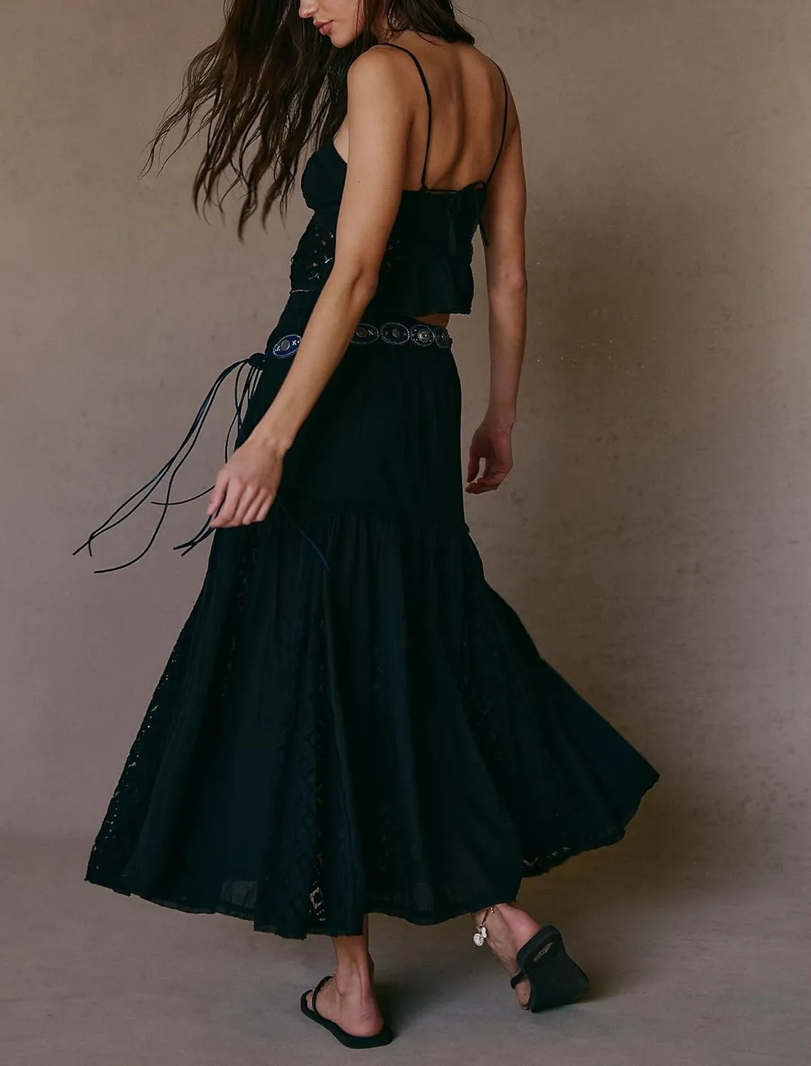 Women 2 Piece Maxi Skirt Set Cute Ruffle Sleeveless Backless Halter Top   Flowy Maxi Skirt Summer Sexy Beach Outfits