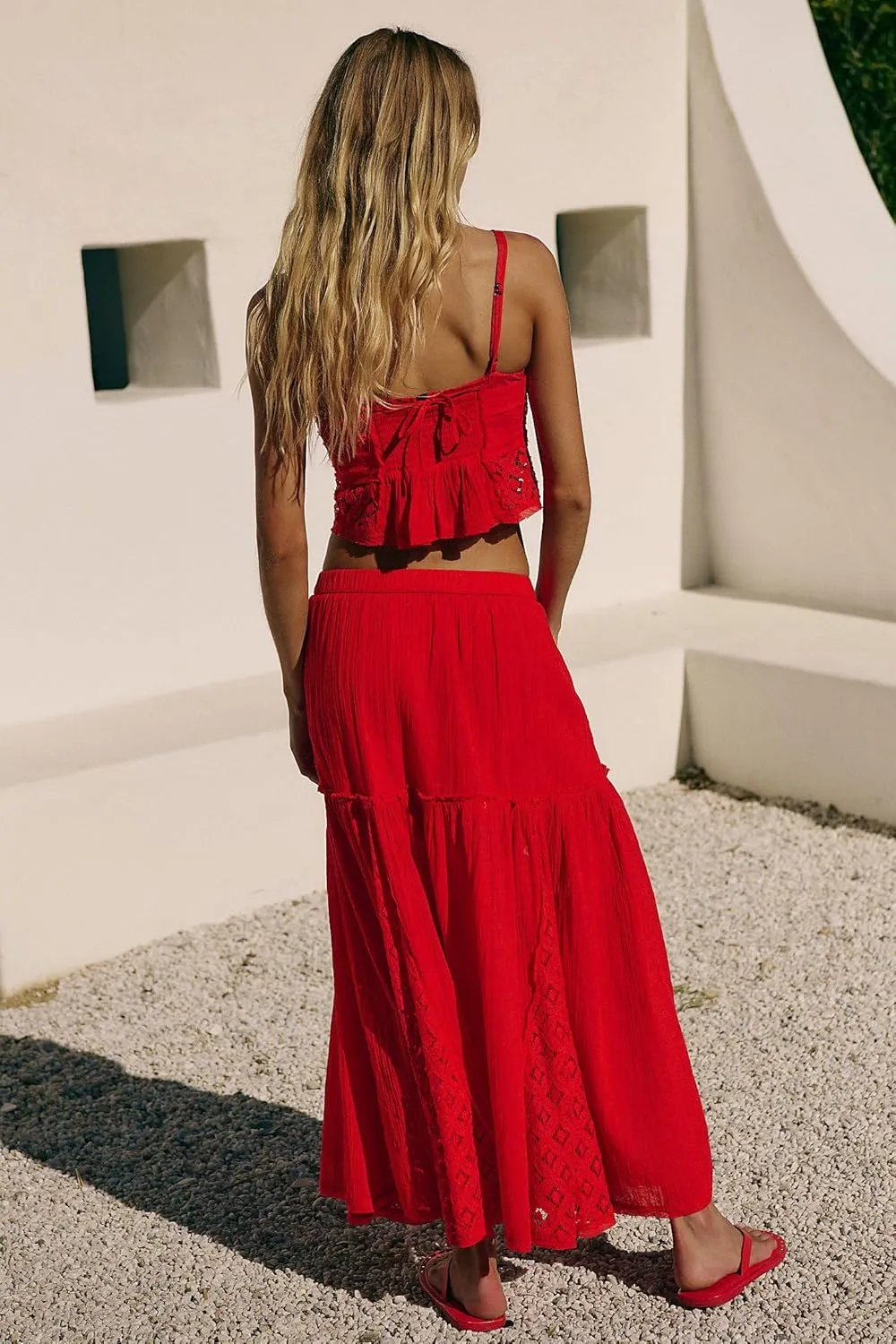 Women 2 Piece Maxi Skirt Set Cute Ruffle Sleeveless Backless Halter Top   Flowy Maxi Skirt Summer Sexy Beach Outfits