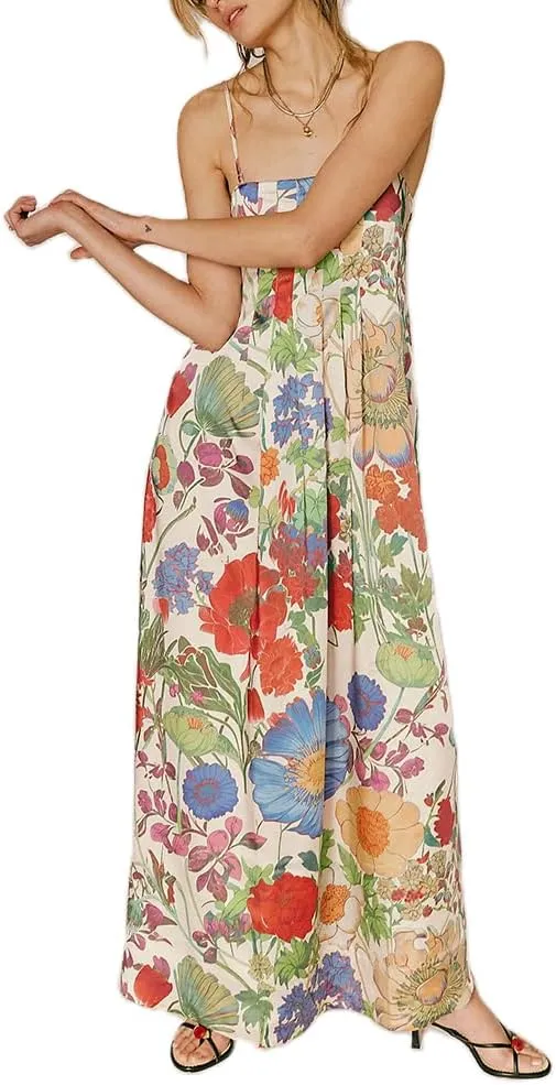 Women Boho Spaghetti Strap Maxi Dress Y2k Floral Sleeveless Long Dress 2025 Summer Beach Vacation Sundress Beachwear