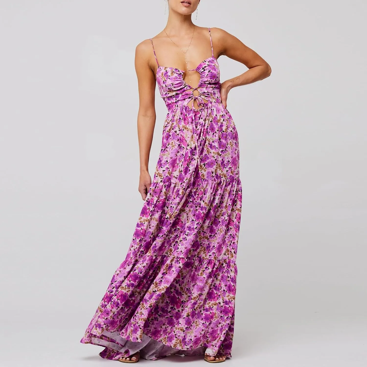 Women Boho Spaghetti Strap Maxi Dress Y2k Floral Sleeveless Long Dress 2025 Summer Beach Vacation Sundress Beachwear