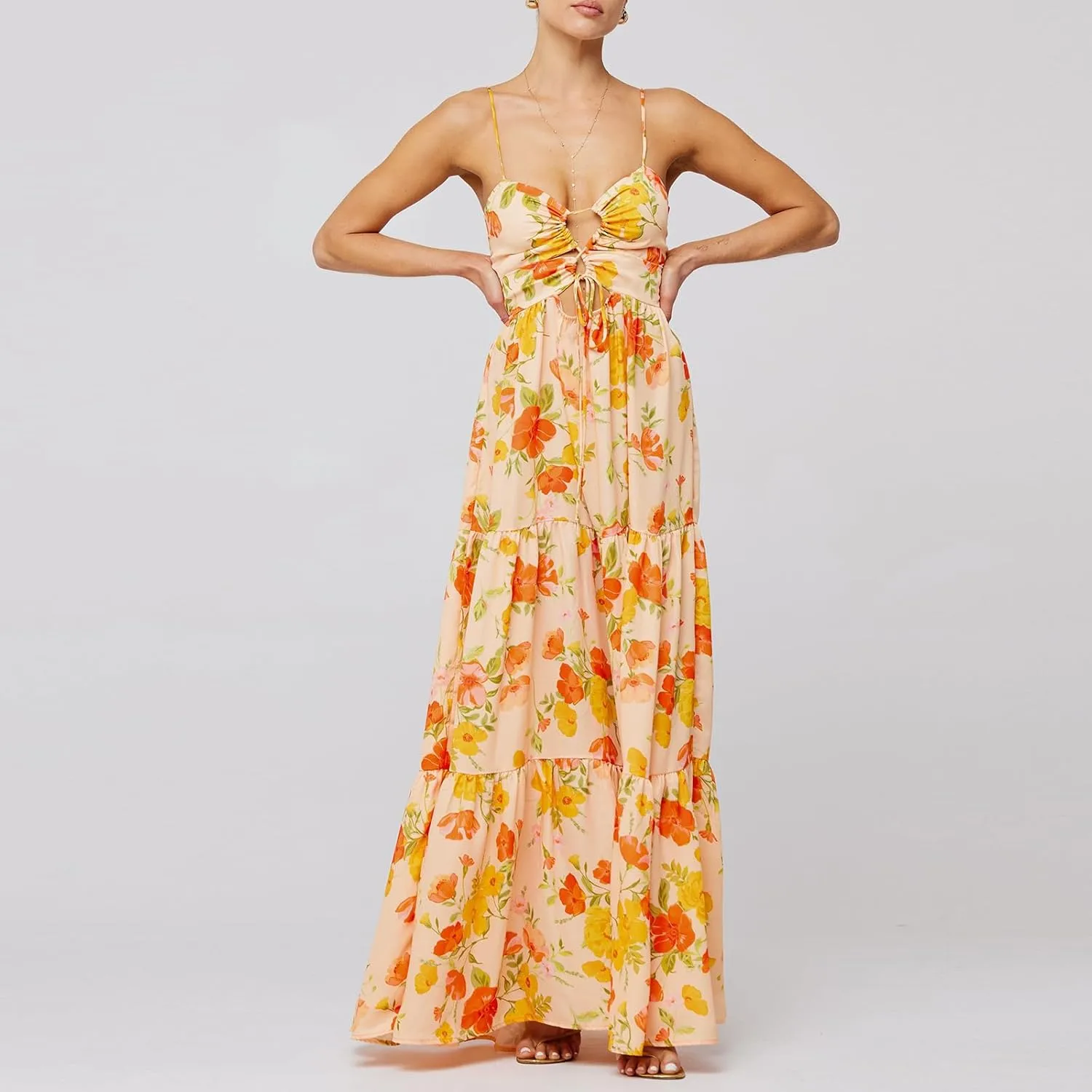 Women Boho Spaghetti Strap Maxi Dress Y2k Floral Sleeveless Long Dress 2025 Summer Beach Vacation Sundress Beachwear