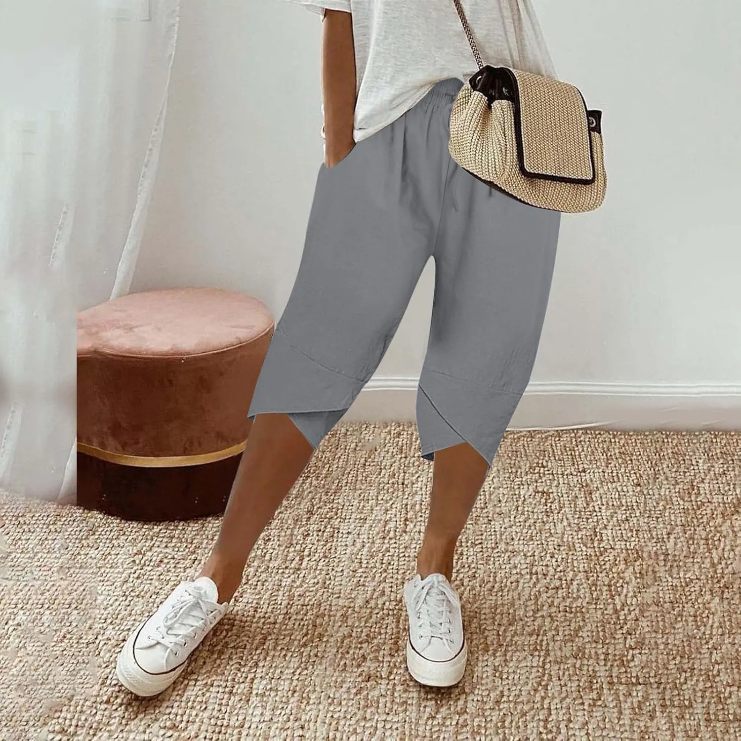 Women Casual Drawstring Linen Shorts Trendy Stretch Waist Waistband Cross Leg Short Trousers Beach Flowy Casual Pants