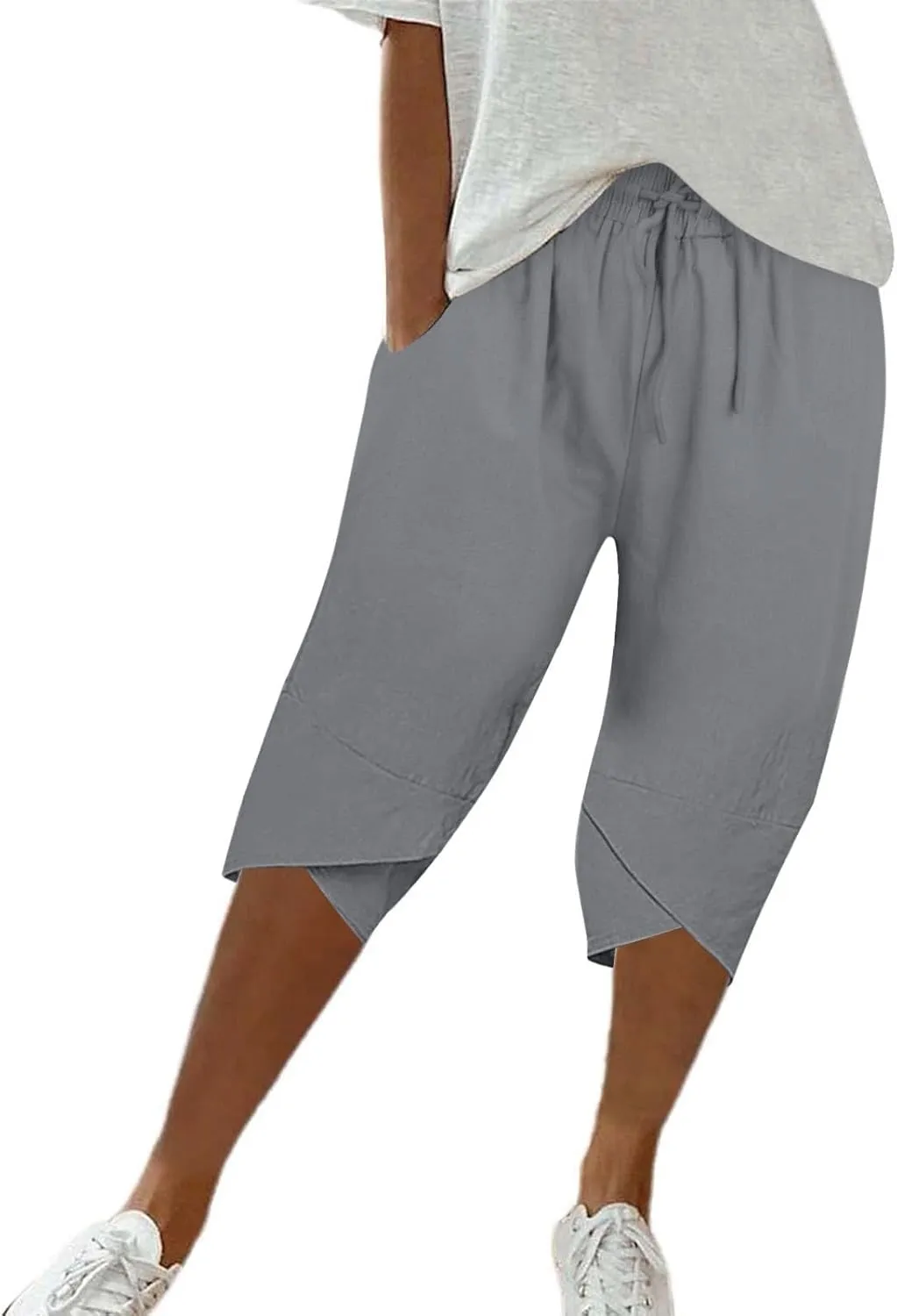 Women Casual Drawstring Linen Shorts Trendy Stretch Waist Waistband Cross Leg Short Trousers Beach Flowy Casual Pants