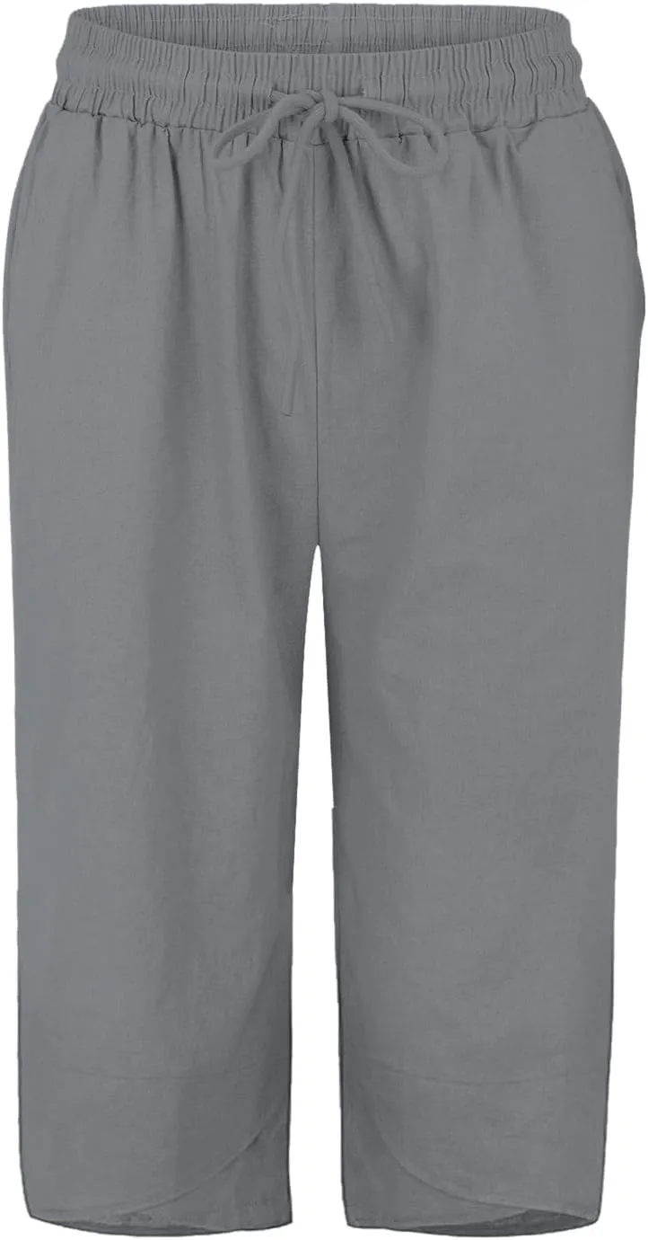 Women Casual Drawstring Linen Shorts Trendy Stretch Waist Waistband Cross Leg Short Trousers Beach Flowy Casual Pants