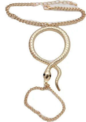 Women Fashion Jewelry Hand Chain Metal Bracelet Slave Ring Snake Charm Gold
