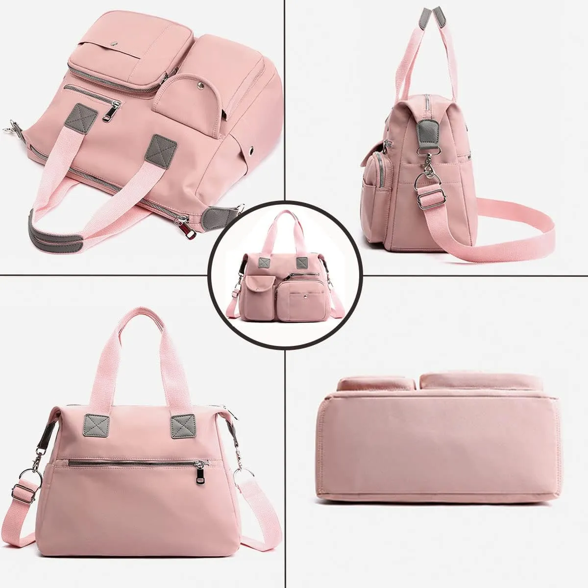 Women Lightweight Nylon Tote Bag Multiple Pockets Top Handle Handbag Ladies Work Purse Travel Crossbody Shoulder Bag