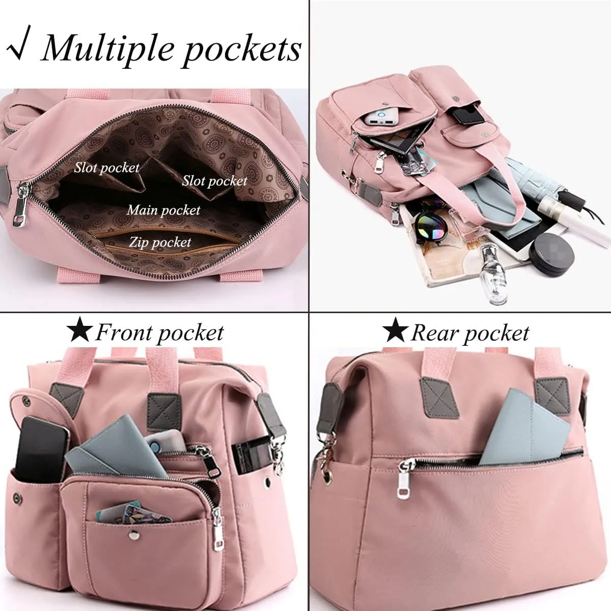 Women Lightweight Nylon Tote Bag Multiple Pockets Top Handle Handbag Ladies Work Purse Travel Crossbody Shoulder Bag