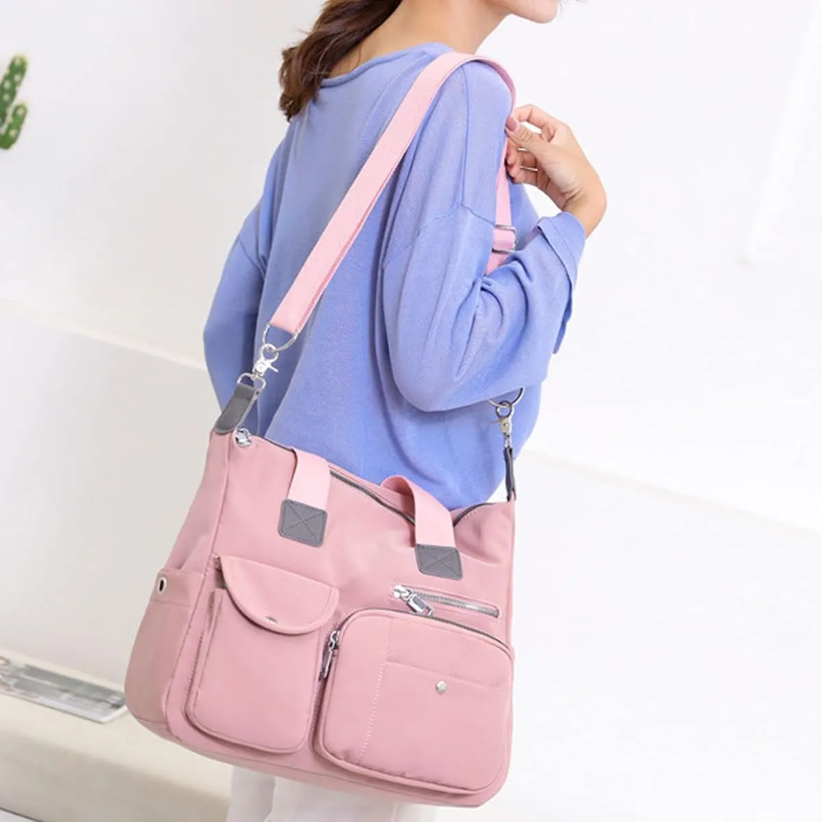 Women Lightweight Nylon Tote Bag Multiple Pockets Top Handle Handbag Ladies Work Purse Travel Crossbody Shoulder Bag
