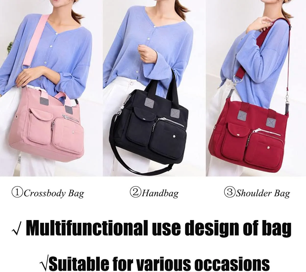 Women Lightweight Nylon Tote Bag Multiple Pockets Top Handle Handbag Ladies Work Purse Travel Crossbody Shoulder Bag