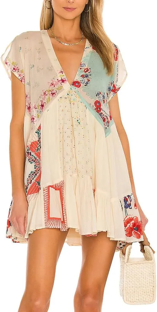 Women Patchwork Short Dress Y2k Floral V Neck Sleeveless Ruffle Mini Dress Cute Boho Babydoll Short Dresses Beachwear