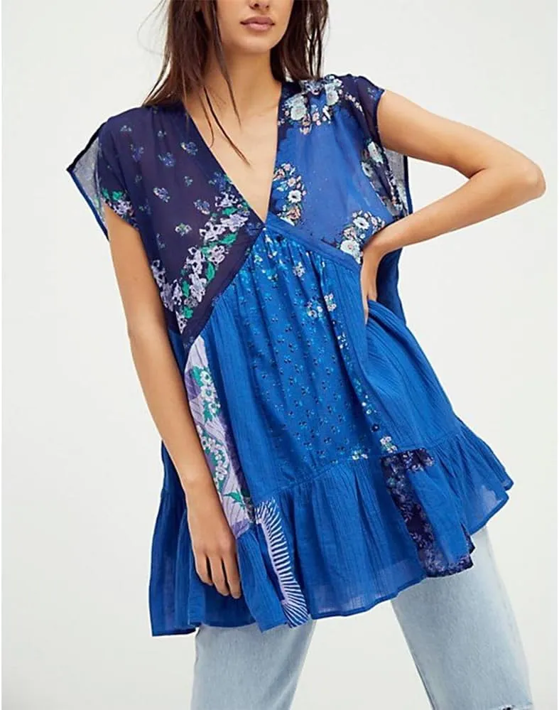 Women Patchwork Short Dress Y2k Floral V Neck Sleeveless Ruffle Mini Dress Cute Boho Babydoll Short Dresses Beachwear
