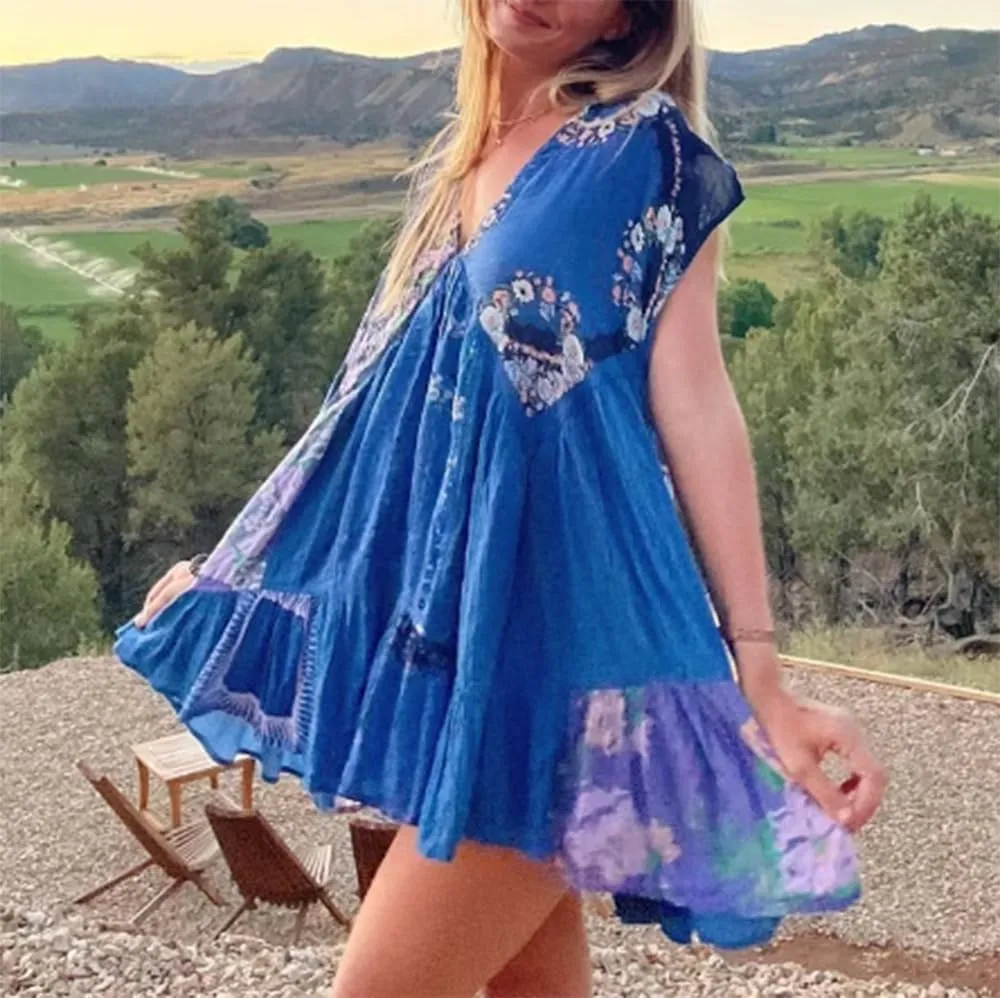 Women Patchwork Short Dress Y2k Floral V Neck Sleeveless Ruffle Mini Dress Cute Boho Babydoll Short Dresses Beachwear