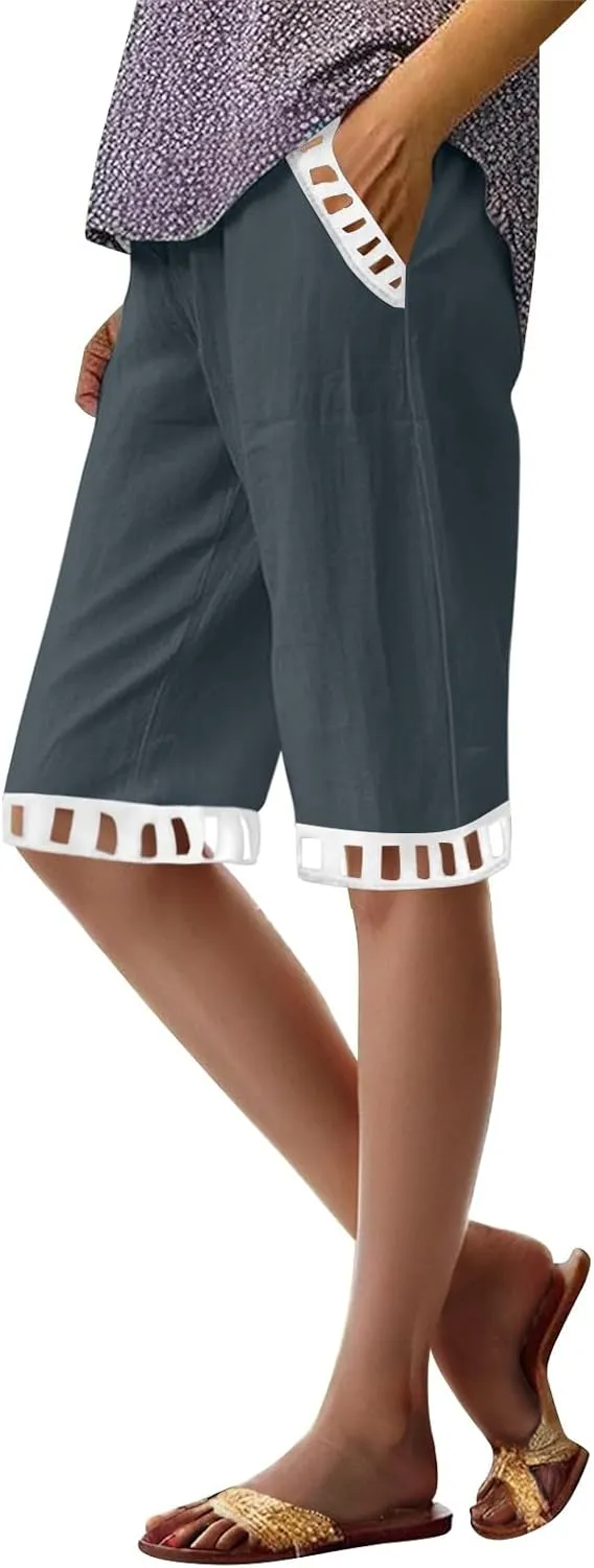 Women Summer Comfy Shorts Casual Solid Beach Bermuda-Shorts with Pocket, Ladies Elastic Waist Knee Length Short Pants