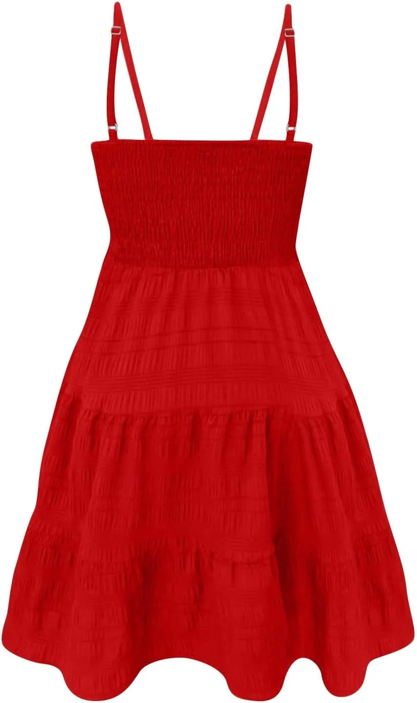 Women Summer Dresses Square Neck Spaghetti Strap Dress Casual Sleeveless Smocked Sundress A Line Tiered Beach Outfits
