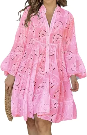 Women Vintage Lace Embroidered Mini Dress V Neck Shirt Dress Plus Size Ruffle Long Sleeve Short Summer Dresses