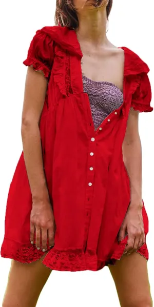 Women Y2k Boho Mini Dress Vintage Floral Tie up Button Sleeveless Short Dress 2025 Summer Babydoll Sundress Beachwear