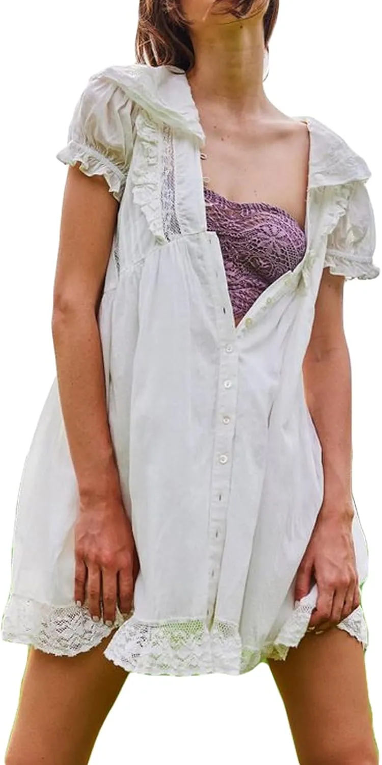 Women Y2k Boho Mini Dress Vintage Floral Tie up Button Sleeveless Short Dress 2025 Summer Babydoll Sundress Beachwear