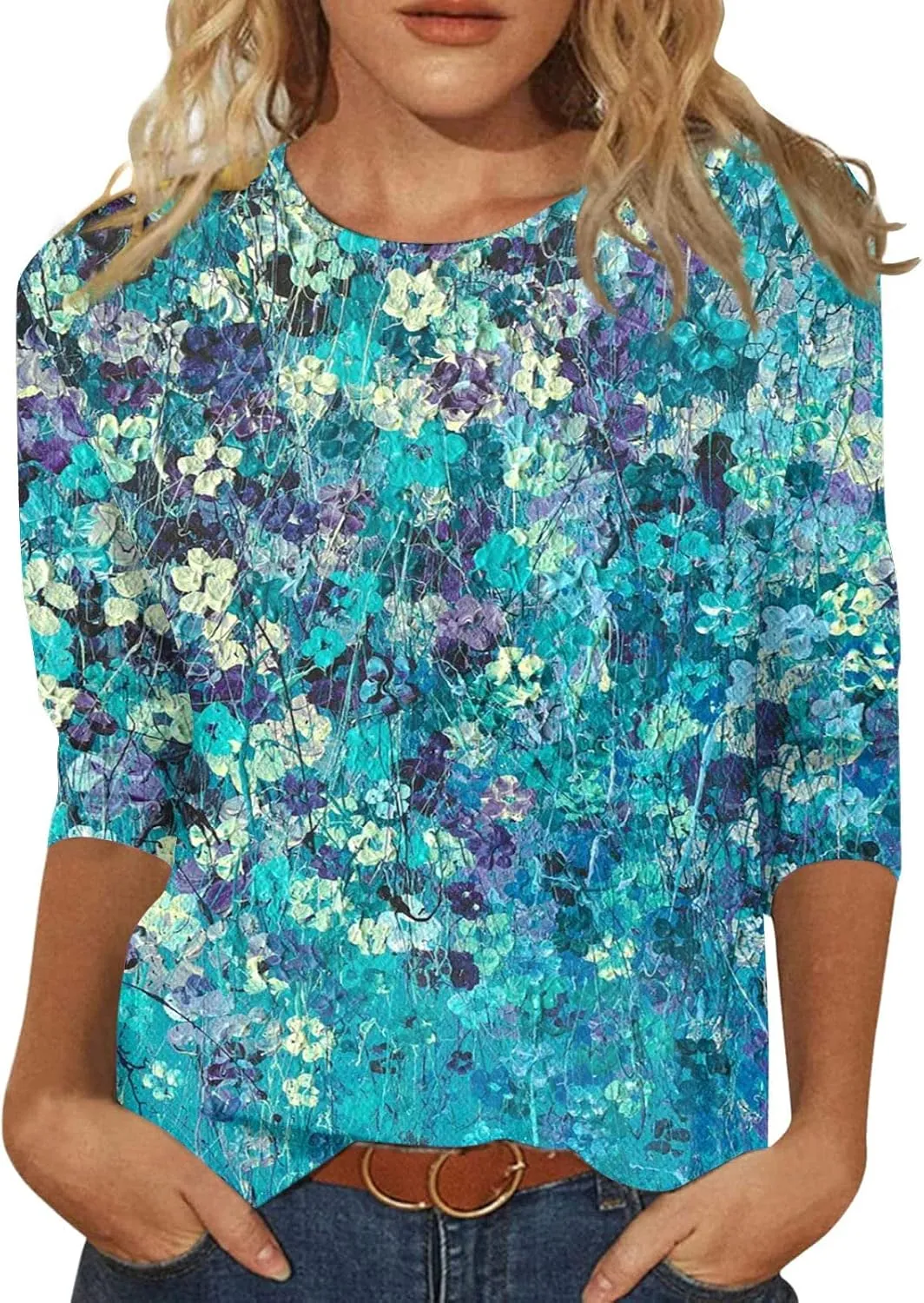 Womens 3/4 Sleeve Tops 2025 Summer Print Round Neck Shirts Loose Fit Three Quarter Sleeve Tshirts