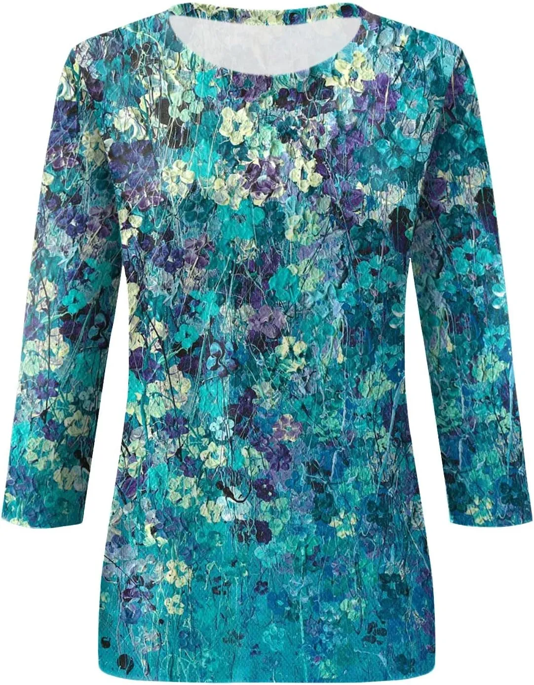 Womens 3/4 Sleeve Tops 2025 Summer Print Round Neck Shirts Loose Fit Three Quarter Sleeve Tshirts