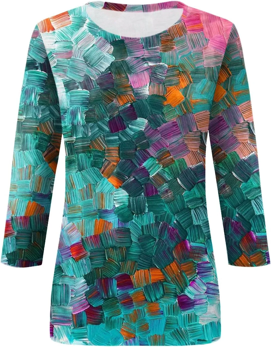 Womens 3/4 Sleeve Tops 2025 Summer Print Round Neck Shirts Loose Fit Three Quarter Sleeve Tshirts