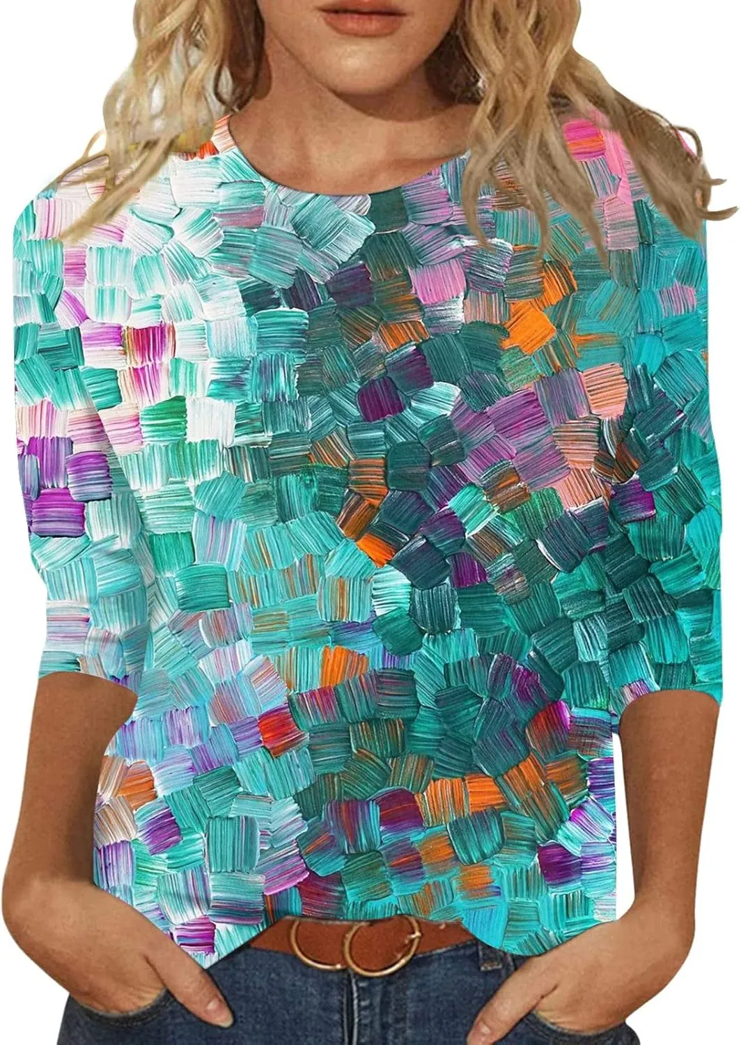 Womens 3/4 Sleeve Tops 2025 Summer Print Round Neck Shirts Loose Fit Three Quarter Sleeve Tshirts